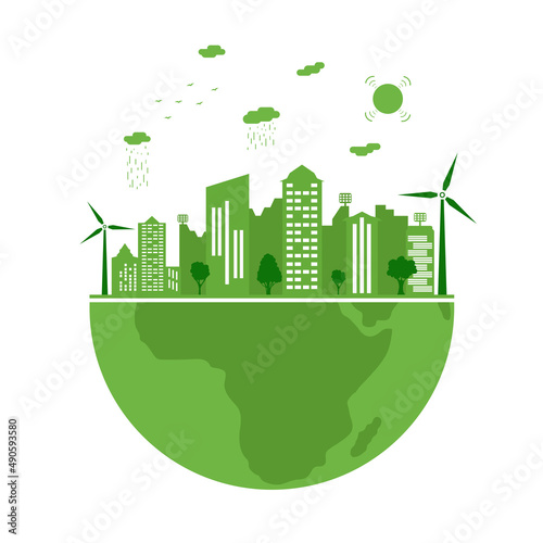 Ecological city and environment conservation. Concept of planet earth. Silhouette green city with renewable energy sources. Earth day. Vector illustration.