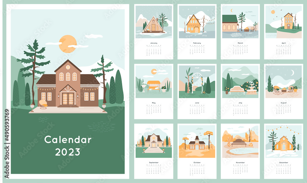 Calendar 2023 with cozy houses and landscapes. Picturesque scenery, garden, courtyard bundle. Set of 12 months vector illustrations. Beautiful nature, autumn forest, fountains, lounge chairs, swings