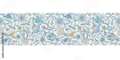 Vector element, frame, seamless border, pattern, frieze, arabesque for design template. Floral ornament in Eastern style. Birds and flower illustration. Ornamental decor for invite, cards, ornaments.