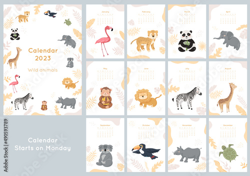 Fototapeta Naklejka Na Ścianę i Meble -  Calendar 2023 with cute wild baby animals, tropical leaves and textures. Set of 12 month vector illustrations, zoo characters in cartoon style, abstract shapes. Cover and pages design concept