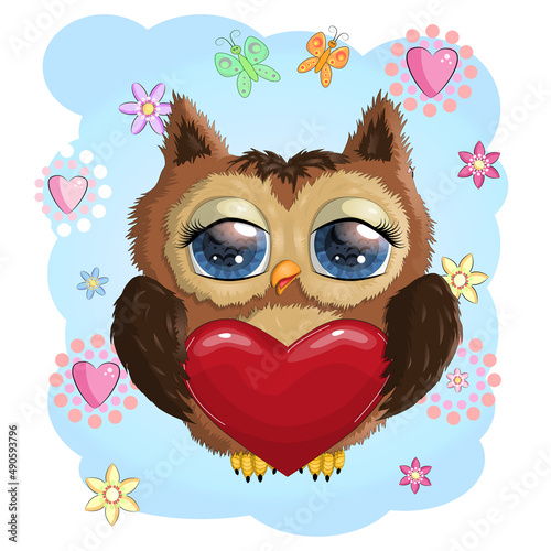 Fototapeta Naklejka Na Ścianę i Meble -  Valentine card with Cute Cartoon Owl in hearts