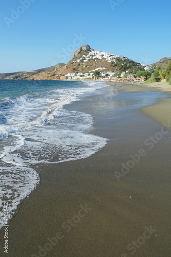 Magazia famous beach in Skyros island below main picturesque village and castle built uphill, Sporades islands, Greece photo