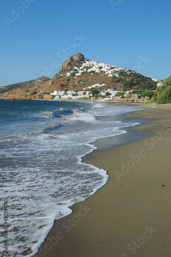 Magazia famous beach in Skyros island below main picturesque village and castle built uphill, Sporades islands, Greece photo