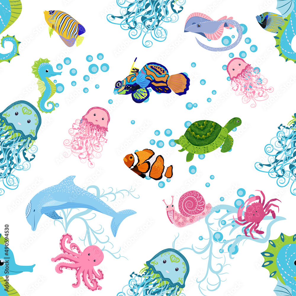 Fototapeta premium Marine life, fish, animals bright seamless pattern. sea travel, underwater diving animal tropical fish. Jellyfish, whale, shark, seahorse, clown fish, dolphin, turtle, emperor
