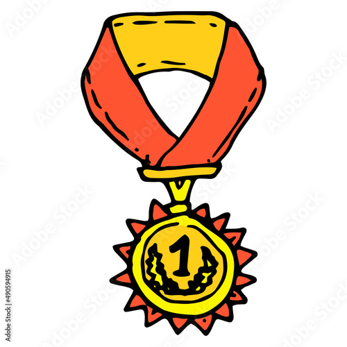 gold medal icon on a red ribbon. the drawing of the winner's MEDAL is made of yellow metal of a round shape with a laurel wreath and a number, on the length of the red one on the neck with a triangle 