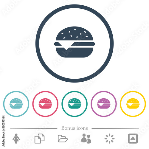 Single cheeseburger solid flat color icons in round outlines