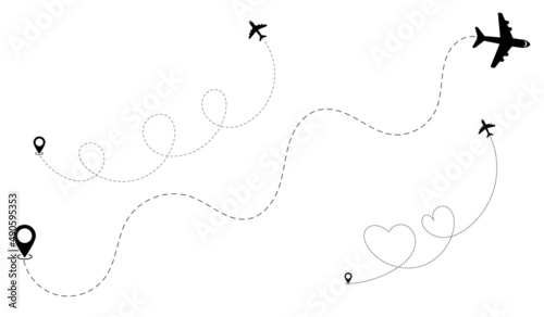 Flight Routes Map. Planes dotted flight pathway, travel destination airplane track, planes and traveling routes vector illustration icons set.