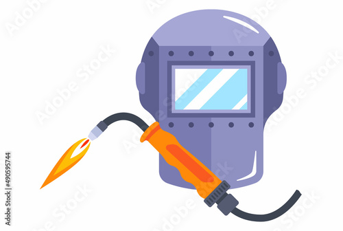 welding machine and mask for welding. iron welding equipment. flat vector illustration.