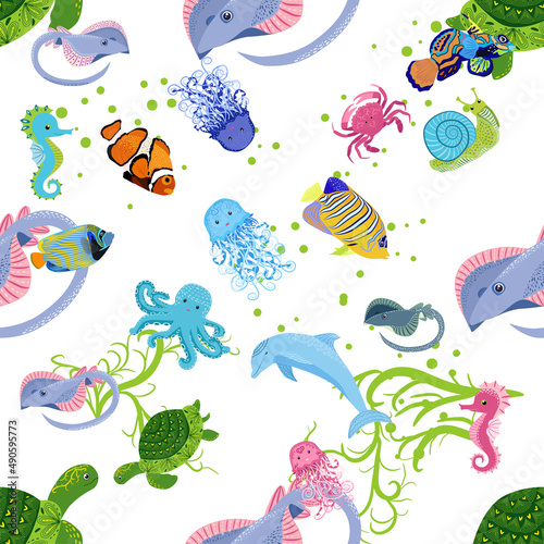 Marine life  fish  animals bright seamless pattern. sea travel  underwater diving animal tropical fish. Jellyfish  whale  shark  seahorse  clown fish  dolphin  turtle  emperor