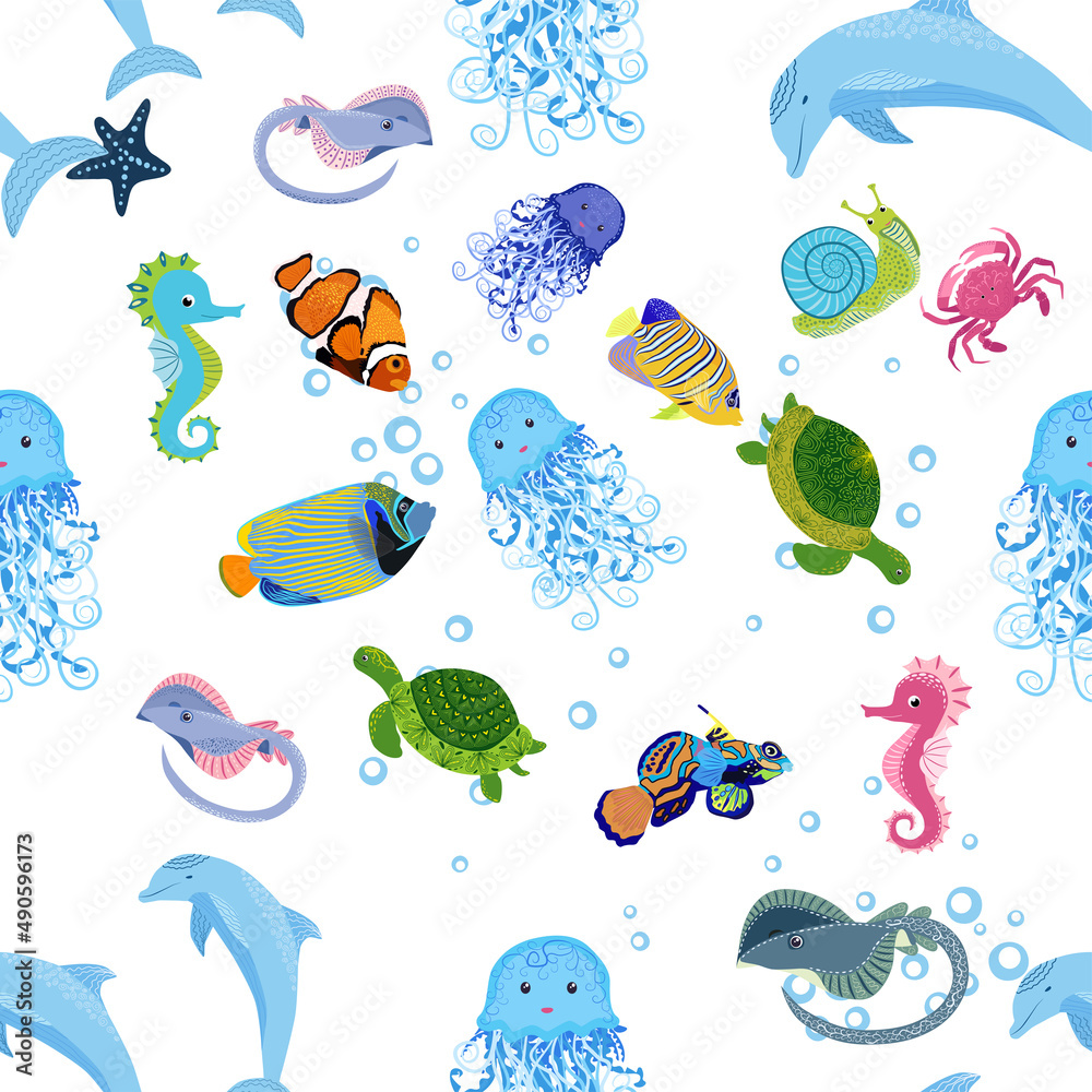 Sea inhabitants seamless pattern, beautiful character among seashells, seaweed, starfish, sea animals wildlife Sea inhabitants seamless pattern, beautiful character among seashells, seaweed, starfish, sea animals wildlife