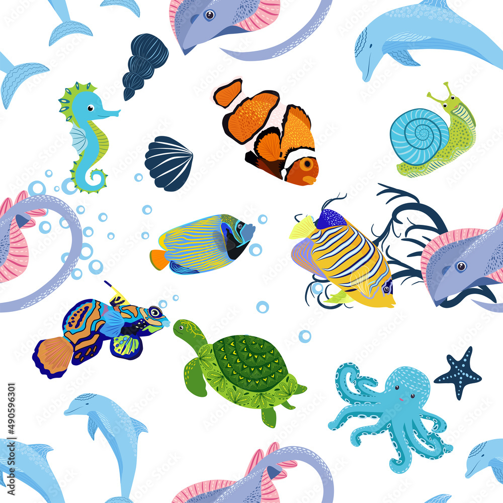 Obraz premium Sea inhabitants seamless pattern, beautiful character among seashells, seaweed, starfish, sea animals wildlife