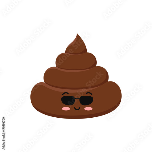 Poop cute funny excrement in sunglasses character cartoon emoticon isolated on white background.  Kawaii cool brown heap of shit emoji. Flat design vector clip art baby poo with face illustration.