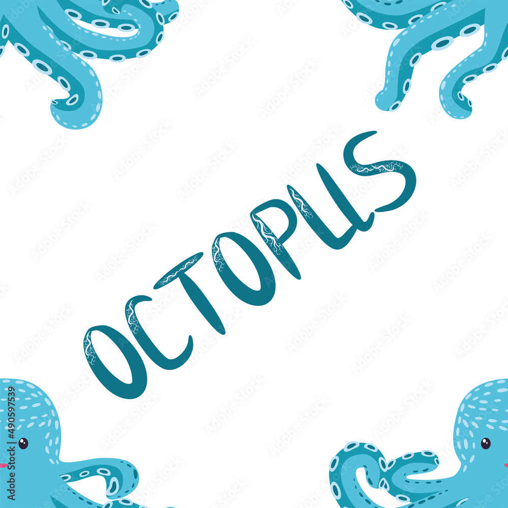 Obraz premium Seamless pattern with cute octopus, seaweed and pearl. Trendy nursery background