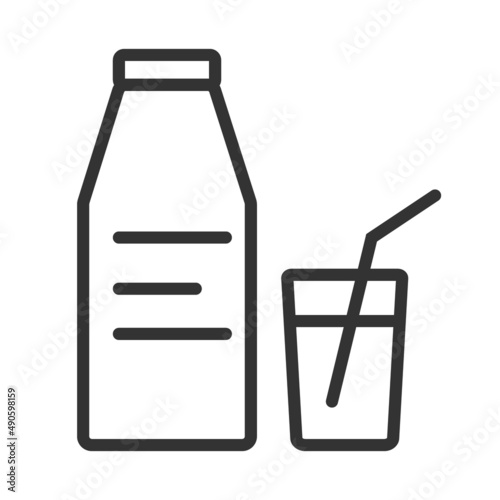 Bottle with drink and glass with straw. Simple food icon in trendy line style...
