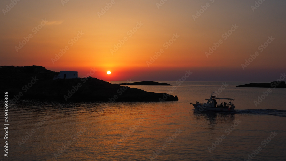 Famous chapel of Saint Ermolaos built in small island near Molos beach, Skiros island at dawn, Sporades, Greece