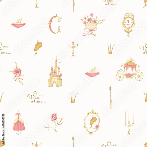 Cinderella sparse pattern on a white background. A fairy-tale carriage, a castle, a princess dress, a crown, a crystal slipper. Inscription. Once upon a time. Stock illustration.
