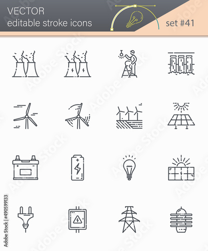 Vector editable stroke power supply and electricity line icon set isolated on transparent background.