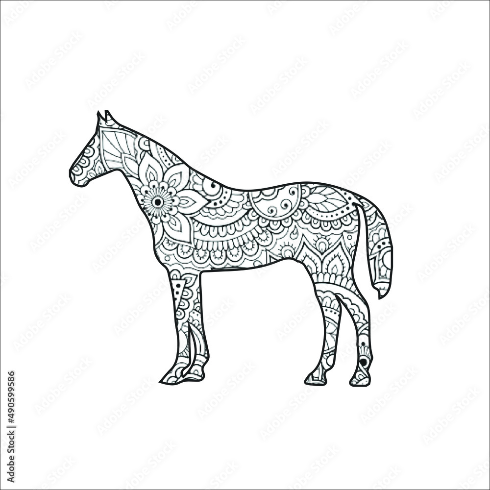 Fototapeta premium Mandala animal coloring book page | horse silhouette vector | coloring book page for kids and adults 
