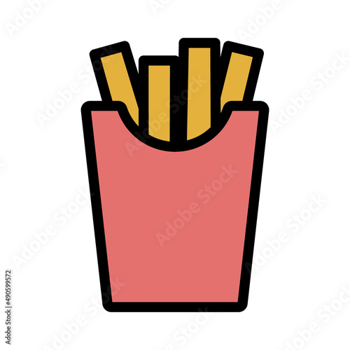 Fries potatoes with chopsticks in cardboard box. Simple colored food icon in ...