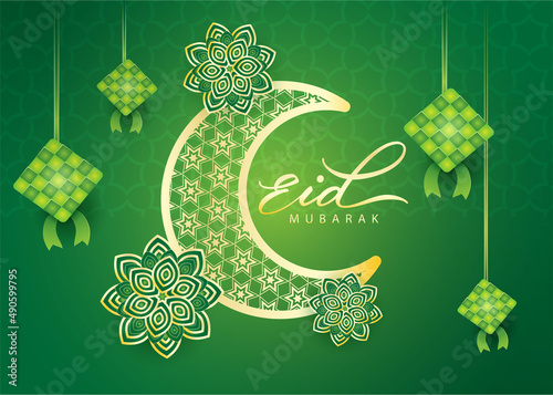 Eid mubarak, Eid al adha, Eid al fitr green islamic vector poster banner with moon image