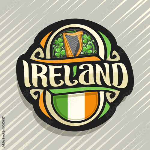 Vector logo for Ireland country, fridge magnet with irish flag, original brush typeface for word ireland and irish national symbols - music instrument harp on floral shamrock background. photo