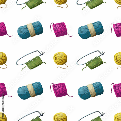 Knitting. Vector seamless pattern on a white background. Bright yarn, design.