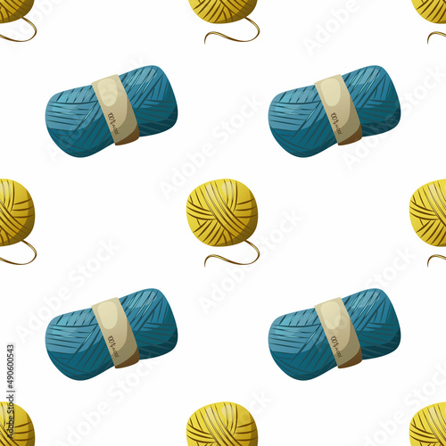 Knitting. Vector seamless pattern on a white background. Bright yarn, design.