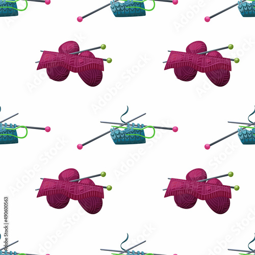 Knitting. Vector seamless pattern on a white background. Bright yarn, design.