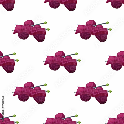 Knitting. Vector seamless pattern on a white background. Bright yarn, design.