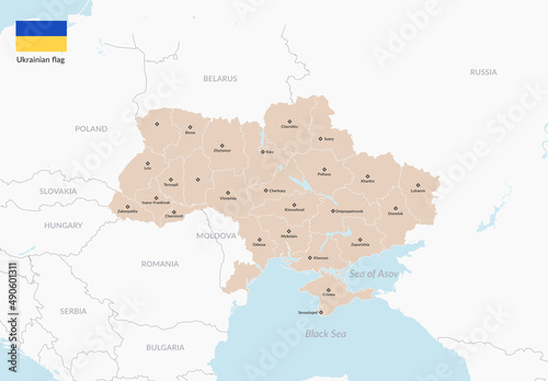 Detailed map of Ukraine, including cities and capital. Also with the flag of the country. Editable, special for infographics