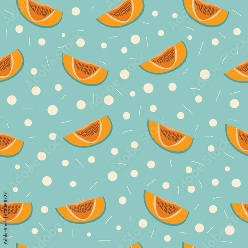 Yellow melon cut in half and slices with seeds on the background, seamless pattern. Repetitive illustration of summer autumn fruits