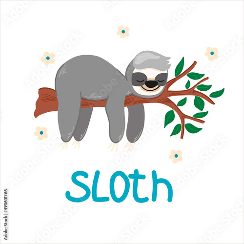 Vector illustration with a cute sloth hanging on a tree, the inscription sloth, cute animal, children's cartoon-style illustration, for fabrics, postcards, posters, clothes.