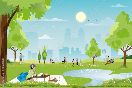 Morning city park with family having fun in the park,boys walking the dog,man talking on phone, kid playing, two guys reading a book under tree,City lifestyle of people in Summer time