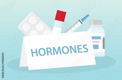 hormones written on the plate and tablets, blood sample, syringe and medical bottle - vector illustration