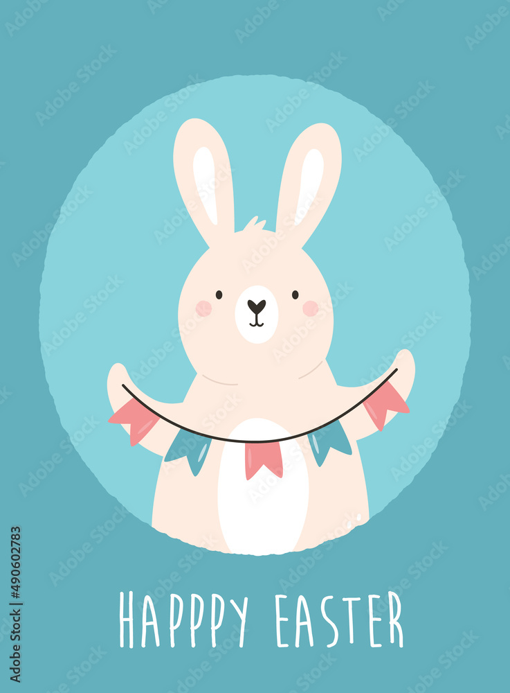 Easter card with cute rabbit with decorative wreath and greeting text Easter card with cute rabbit with decorative wreath and greeting text