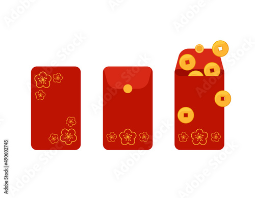 Hongbao isolated. Vector set of Chinese festive red envelopes with sakura ornament. Traditional gift with coins, money for Chinese New Year, birthday, wedding and other holidays. Flat illustration