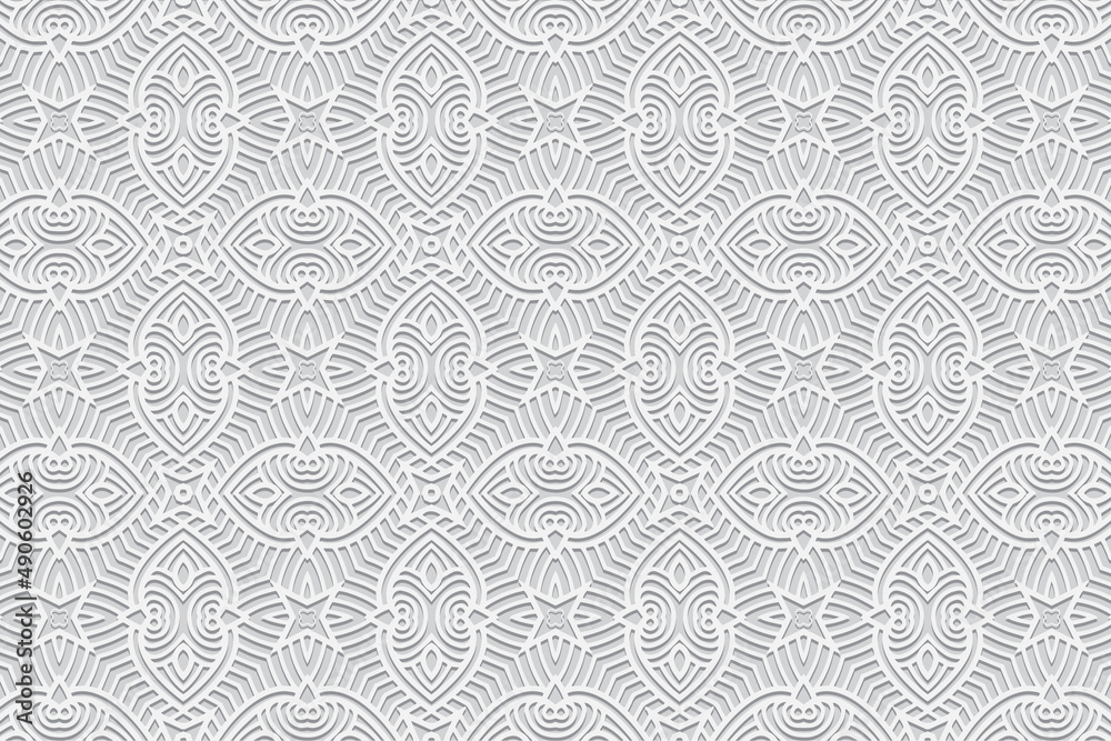 Embossed ethnic openwork white background, exclusive cover design. Geometric ornamental 3D pattern. National elements of creativity of the peoples of the East, Asia, India, Mexico, Aztecs. Embossed ethnic openwork white background, exclusive cover design. Geometric ornamental 3D pattern. National elements of creativity of the peoples of the East, Asia, India, Mexico, Aztecs.