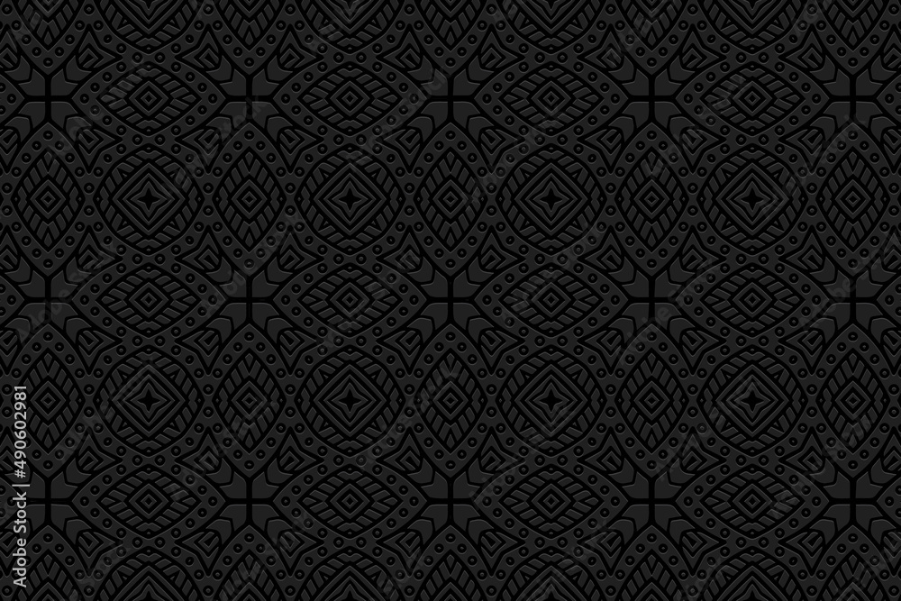 Embossed ethnic exotic black background, exclusive cover design. Geometric ornamental 3D pattern. National elements of creativity of the peoples of the East, Asia, India, Mexico, Aztecs. Embossed ethnic exotic black background, exclusive cover design. Geometric ornamental 3D pattern. National elements of creativity of the peoples of the East, Asia, India, Mexico, Aztecs.
