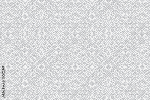 Embossed ethnic elegant white background, exclusive cover design. Geometric ornamental 3D pattern. National elements of creativity of the peoples of the East, Asia, India, Mexico, Aztecs.