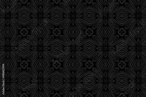 Embossed ethnic abstract floral black background, exclusive cover design. Geometric ornamental 3D pattern. National elements of creativity of the peoples of the East, Asia, India, Mexico, Aztecs. 