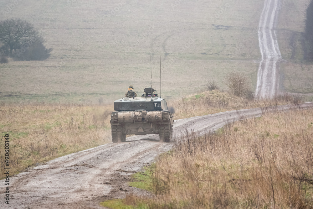 British army FV4034 Challenger 2 main battle tank in action on a military exercise, Salisbury Plain Wiltshire UK British army FV4034 Challenger 2 main battle tank in action on a military exercise, Salisbury Plain Wiltshire UK