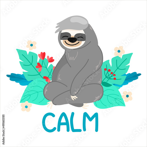 Vector illustration with a cute sloth in the lotus position, meditation, rest, calm, cute animal, cartoon-style children's illustration, for fabrics, postcards, posters, clothes.