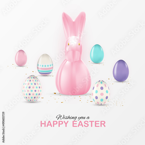 Easter poster template with 3d realistic Easter eggs. Template for advertisin...