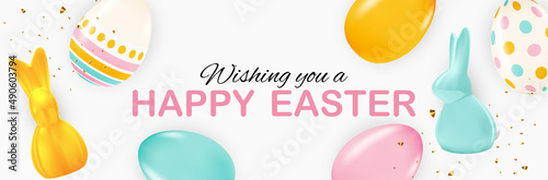 Easter poster template with 3d realistic Easter eggs and paint. Template for ...