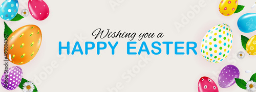 Easter poster template with 3d realistic Easter eggs and paint. Template for ...
