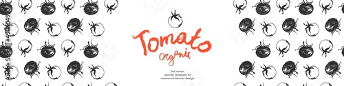 Banner organic ingredients, template design for healthy food concept, vegetarian food banner with red tomatoes background, eco store and farmers market. Tomato pattern for homemade cooking courses.