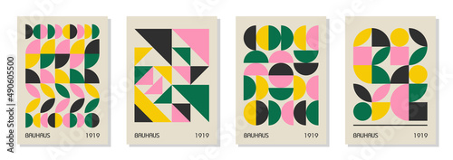 Set of 4 minimal vintage 20s geometric design posters, wall art, template, layout with primitive shapes elements. Bauhaus retro pattern background, vector abstract circle, triangle and square line art
