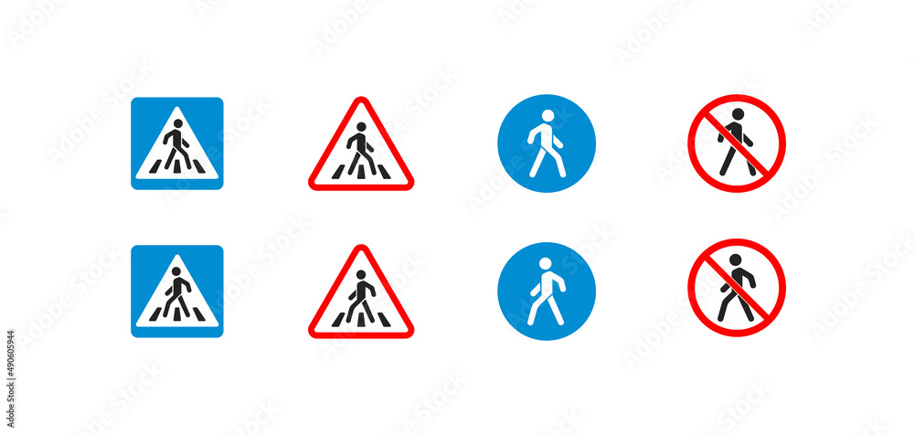 Pedestrian crossing sign. Passage forbade. Simple symbols. Pedestrian road. Footpath. Pedestrian crossing sign. Passage forbade. Simple symbols. Pedestrian road. Footpath.