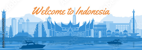 Indonesia famous landmark with blue and white color design,vector illustration