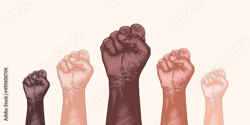 Vector engraved gestures collection for posters, decoration, banners. Hand drawn sketches of human fists in colorful.  Rights support and solidarity, people of different races, inclusive concept